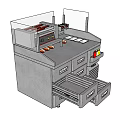 Commercial Kitchen Workstation With Open Drawers Condiment Bottles And Hot Dogs