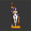 Woman Figure in Gold and Purple Outfit Holding Staff and Shield on Golden Base