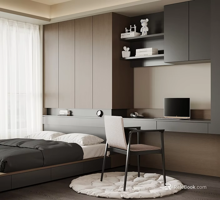 Tatami Bedroom Interior With Platform Bed Desk Chair And Storage Shelves 3d model 