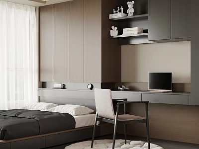 Tatami Bedroom Interior With Platform Bed Desk Chair And Storage Shelves 3d model