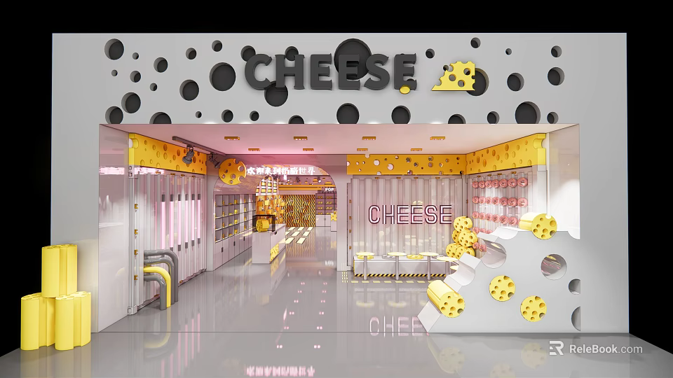 Cheese Themed Store Interior With Colorful Dots Wall Decor Display Shelves And Tables 3d model 