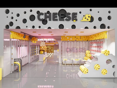 Cheese Themed Store Interior With Colorful Dots Wall Decor Display Shelves And Tables 3d model