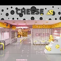 Cheese Themed Store Interior With Colorful Dots Wall Decor Display Shelves And Tables