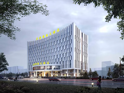 Modern High Rise Hotel Building with Geometric Exterior Design and Illuminated Top Signage 3d model