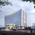 Modern High Rise Hotel Building with Geometric Exterior Design and Illuminated Top Signage