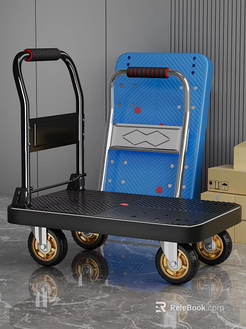 Black Platform Trolley With Gold Wheels Blue Board And Cardboard Boxes 3d model 