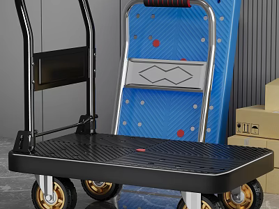 Black Platform Trolley With Gold Wheels Blue Board And Cardboard Boxes 3d model