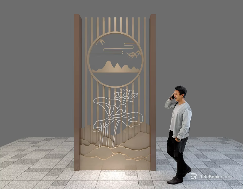 Traditional Carved Partition Featuring Circular Mountain Pattern Flying Birds And Lotus 3d model 