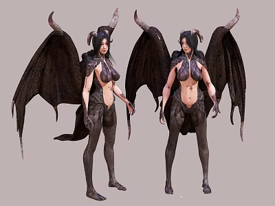 Game Movie Character Female with Black Wings Horns and Dark Tight Outfit Fantasy Style 3d model