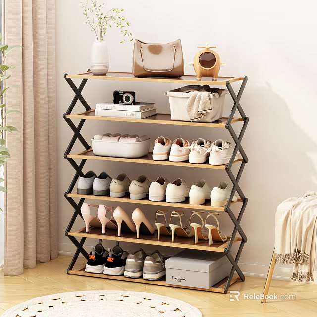 Multi Tiered Shoe Rack With Organized Shoes High Heels And Decorative Accessories 3d model 