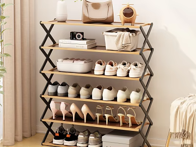 Multi Tiered Shoe Rack With Organized Shoes High Heels And Decorative Accessories 3d model