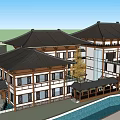 Chinese Style Hotel Building With Two Story Wooden Frame White Walls Balconies And Pool