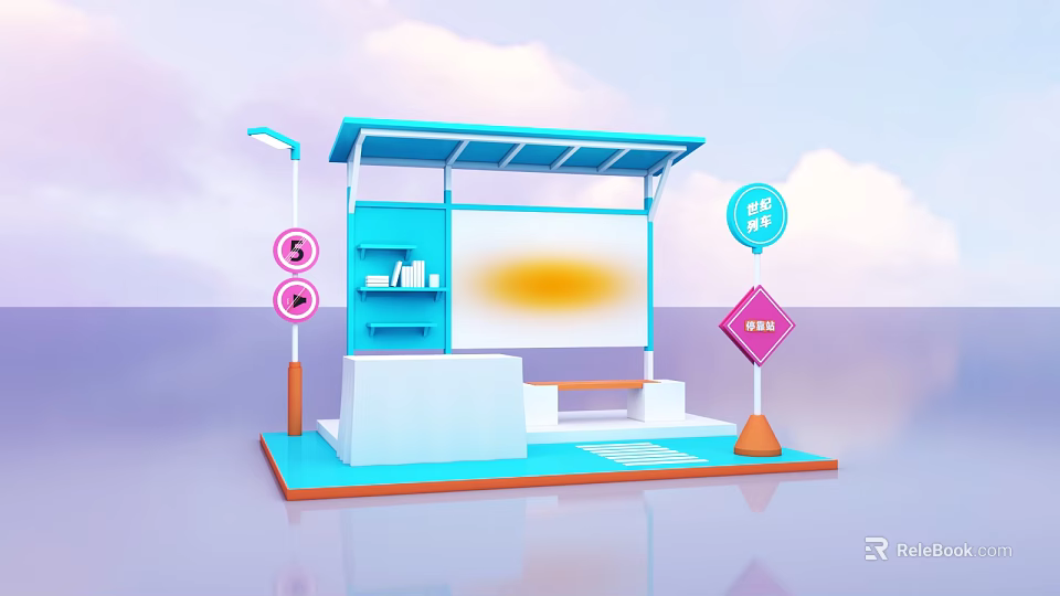 Modern Bus Shelter With Blue Roof Bench Street Lamp And Speed Limit Signs 3d model 