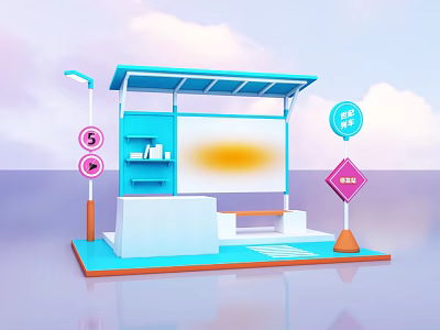 Modern Bus Shelter With Blue Roof Bench Street Lamp And Speed Limit Signs 3d model