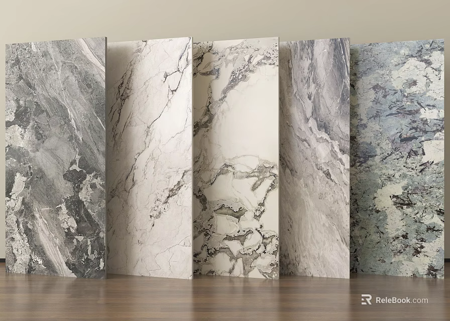 Different Textured Stone Slabs Displayed With Wooden Floor In Modern Interior 3d model