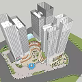 Urban Commercial Street With High Rise Buildings And Colorful Facade Surrounded By Greenery