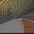 Yellow Curved Modern Bridge With Vehicles Driving Over Water Under Evening Cloudy Sky