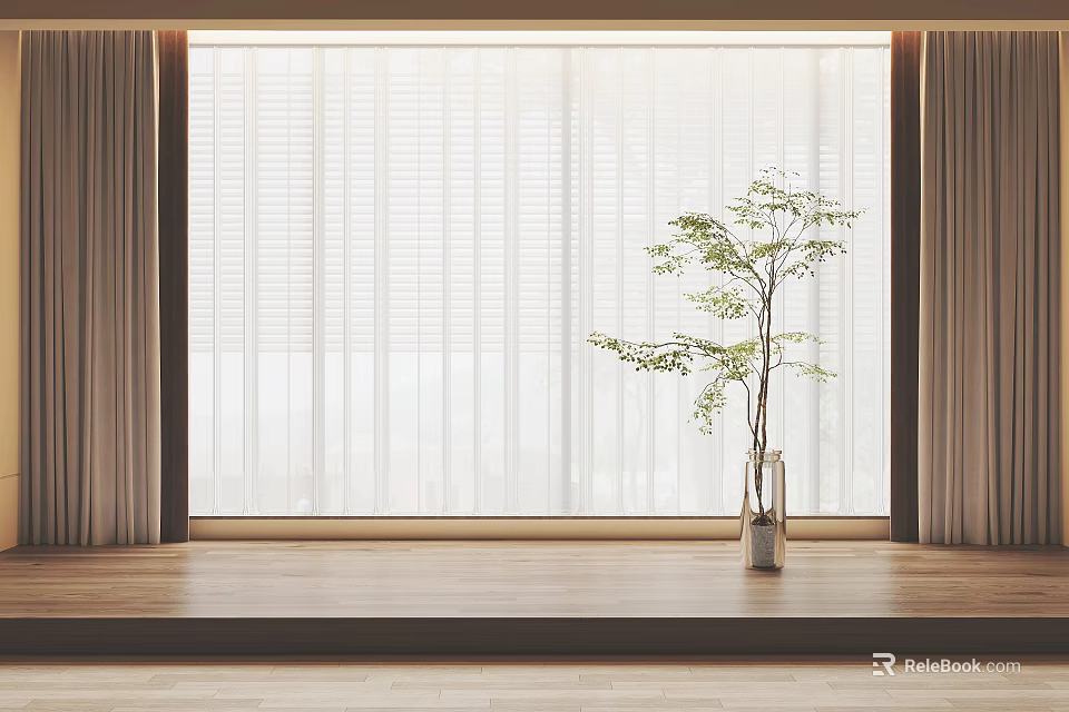 White Sheer Curtains Blinds and Side Drapes by Window with Wooden Floor and Potted Plant 3d model 