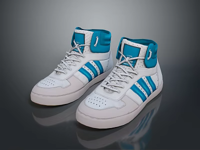 Stylish High Top Sneakers White And Blue With Stripes Laces For Daily Wear 3d model