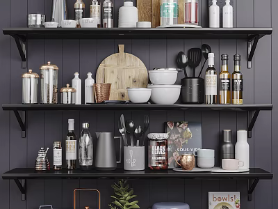 Organized Kitchen Utensils Display On Black Shelves With Bowls Mugs And Cutting Board 3d model