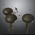 Futuristic Spherical Structures With Grid Surfaces Golden Supports Connecting Lines And Floating Sphere