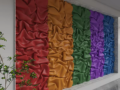 Colorful Pleated Background Wall in Red Orange Green Purple Blue Modern Art with Green Plant 3d model