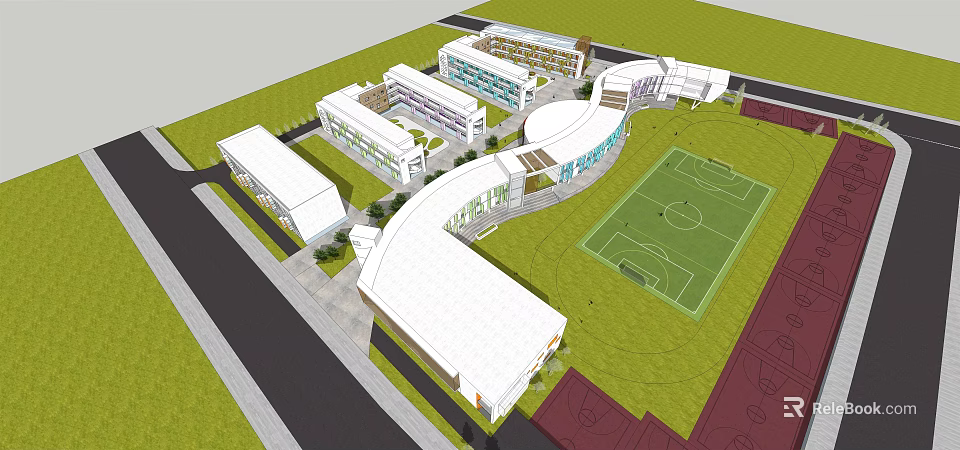 Modern School Building Complex With Multiple Buildings Green Lawn And Football Field Open Layout Design 3d model 