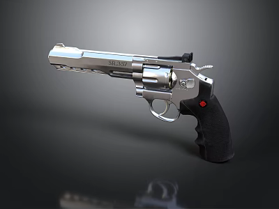 Silver Metal Revolver With Black Grip Red Accent 3D Rendered On Dark Background 3d model