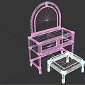 Traditional Chinese Wooden Dressing Table With Round Mirror Woven Drawers And Matching Cushioned Stool