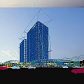 Modern Tall Office Buildings With Glass Curtain Walls And Surrounding Trees Vehicles On Road