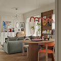Cozy Living and Dining Room Interior With Chandelier Sofa Dining Table And Wooden Floor