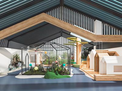 Modern Kindergarten Interior With Glasshouse Structure Colorful Balls Green Plants And Wooden Elements 3d model