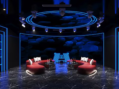 Stylish KTV Interior with Red Sofas Blue Lighting Jellyfish Themed Wall and Black Marble Floor 3d model