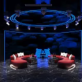 Stylish KTV Interior with Red Sofas Blue Lighting Jellyfish Themed Wall and Black Marble Floor