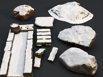 Various Shapes of Snow Covered Stone Rocks and Wooden Planks Display Collection 3d model