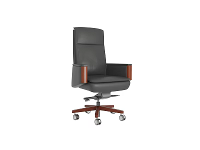 High Back Leather Office Chair With Wooden Armrests And Swivel Rolling Base 3d model