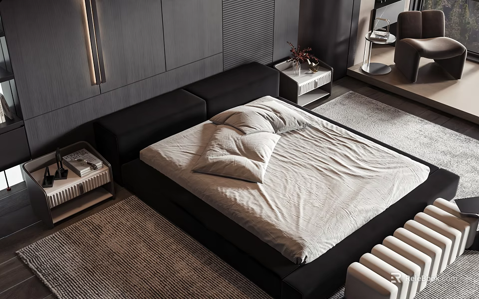 Modern Black Double Bed With White Bedding And Nightstand In Bedroom 3d model 