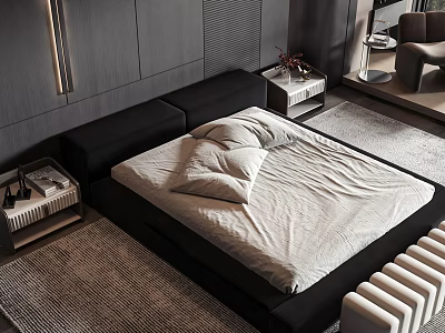 Modern Black Double Bed With White Bedding And Nightstand In Bedroom 3d model