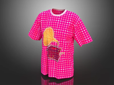 Pink Short Sleeve T-shirt with White Grid Pattern and Gramophone Red Case Design 3d model