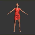 Woman In Red Dress Standing With Arms Outstretched Against Gray Background In High Heels
