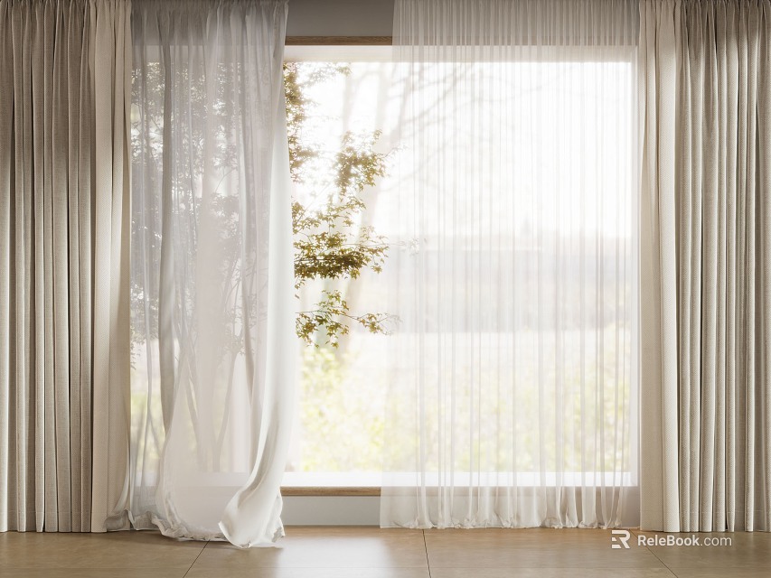 White Sheer Curtains For Window With Natural Light And Tree View In Room 3d model 
