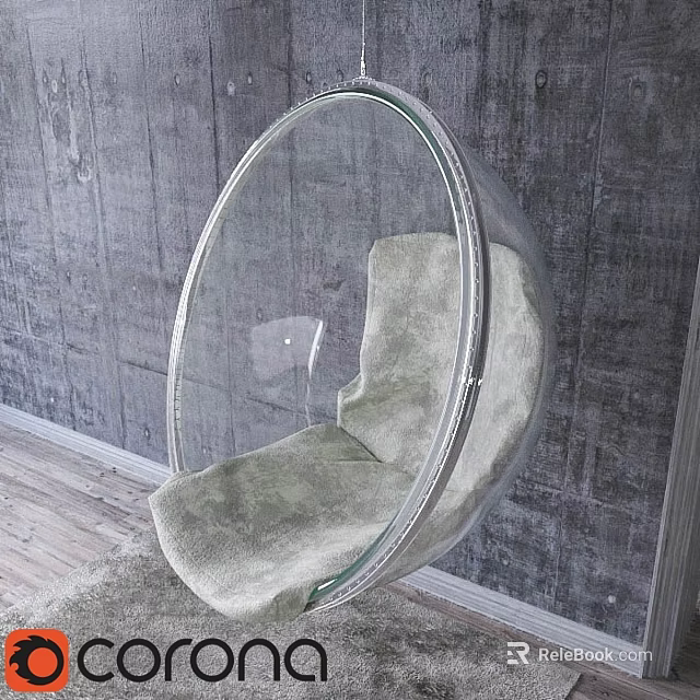 Transparent Glass Spherical Single Chair With Light Green Cushion Against Gray Wall And Wooden Floor 3d model 