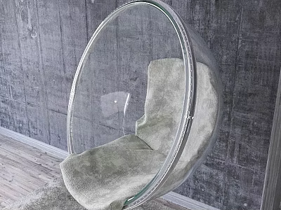 Transparent Glass Spherical Single Chair With Light Green Cushion Against Gray Wall And Wooden Floor 3d model