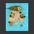 Cartoon Pirate Ship Scene With Beach Palm Trees Pink Octopus Barrels And Blue Water Waves