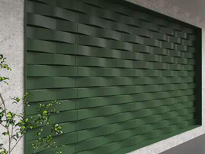 Green Slatted Modern Background Wall Design With Green Plants And Gray Frame 3d model