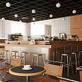 Modern Café Interior Design With Bar Counter Round Tables Chairs And Pendant Lights