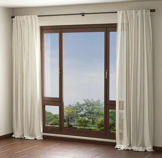 Simple White Roman Curtains on Wooden Window with Green Outdoor View 3d model 