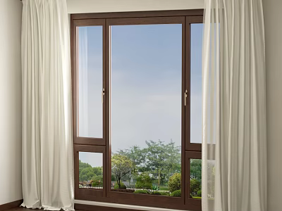 Simple White Roman Curtains on Wooden Window with Green Outdoor View 3d model