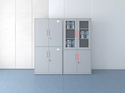 Modern Gray Bookcase With Multiple Doors Glass Panels Red Handles And Storage Space 3d model