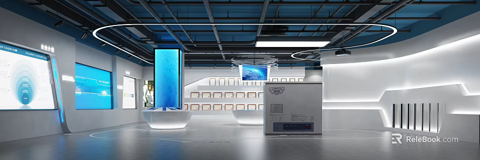 Modern Exhibition Hall With Large Blue Display Screen White Platforms And Wall Mounted Photo Frames 3d model 